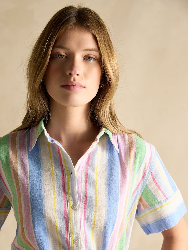Joules Carrie Multi Stripe Linen & Cotton Belted Shirt Dress - Image 4 of 7