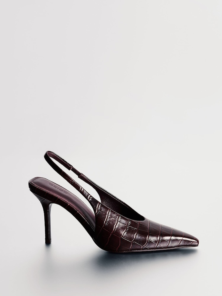 Reiss Burgundy Connie Leather Croc-Effect Slingback Mid-Heel Court Shoes - Image 1 of 4 Reiss Burgundy Connie Leather Croc-Effect Slingback Mid-Heel Court Shoes - Image 1 of 4