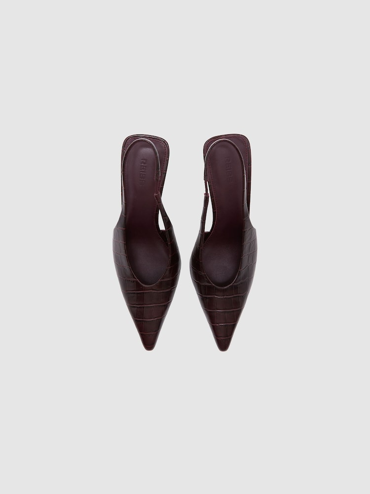 Reiss Burgundy Connie Leather Croc-Effect Slingback Mid-Heel Court Shoes - Image 2 of 4 Reiss Burgundy Connie Leather Croc-Effect Slingback Mid-Heel Court Shoes - Image 2 of 4