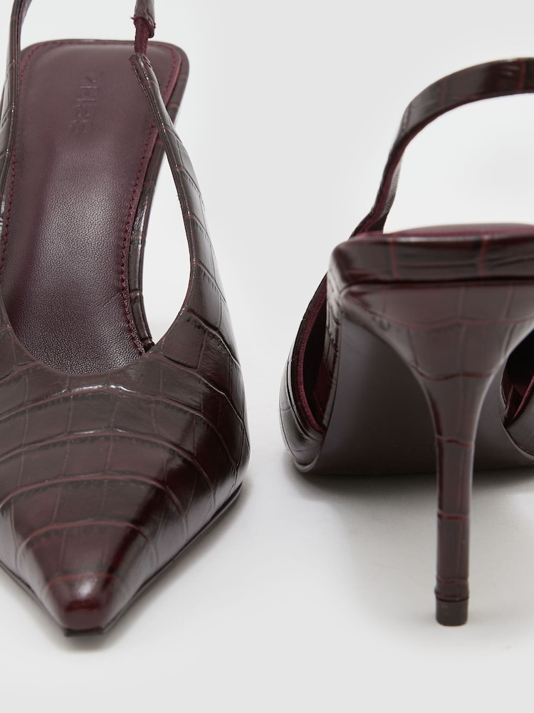 Reiss Burgundy Connie Leather Croc-Effect Slingback Mid-Heel Court Shoes - Image 4 of 4 Reiss Burgundy Connie Leather Croc-Effect Slingback Mid-Heel Court Shoes - Image 4 of 4