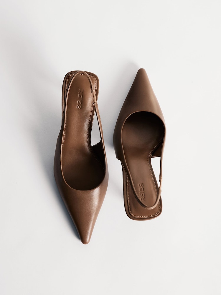 Reiss Tan Camilla Leather Slingback Mid-Heel Court Shoes - Image 1 of 7