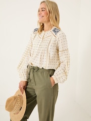 FatFace Cream Fern 100% Cotton Embroidered Blouse - Image 2 of 7
