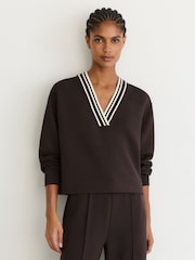 Reiss Chocolate Brown Verity Premium Interlock Tipped Cropped Sweatshirt - Image 1 of 6