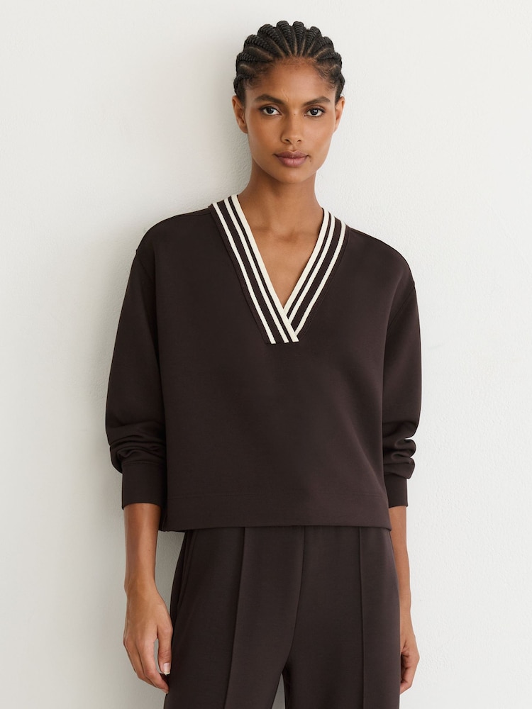 Reiss Chocolate Brown Verity Premium Interlock Tipped Cropped Sweatshirt - Image 1 of 6 Reiss Chocolate Brown Verity Premium Interlock Tipped Cropped Sweatshirt - Image 1 of 6