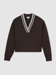 Reiss Chocolate Brown Verity Premium Interlock Tipped Cropped Sweatshirt - Image 2 of 6