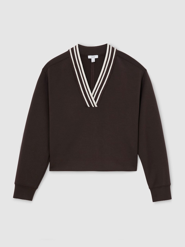 Reiss Chocolate Brown Verity Premium Interlock Tipped Cropped Sweatshirt - Image 2 of 6 Reiss Chocolate Brown Verity Premium Interlock Tipped Cropped Sweatshirt - Image 2 of 6