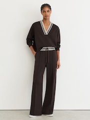 Reiss Chocolate Brown Verity Premium Interlock Tipped Cropped Sweatshirt - Image 4 of 6