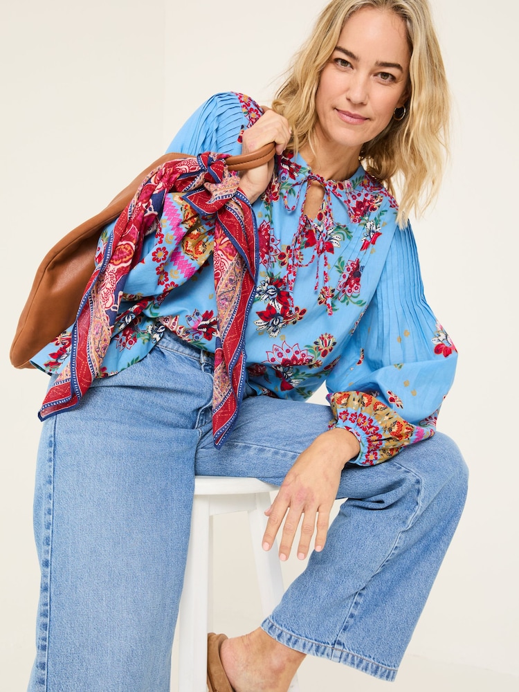 FatFace Sandy Bright Blue Balinese Floral 100% Cotton Blouse - Image 5 of 8