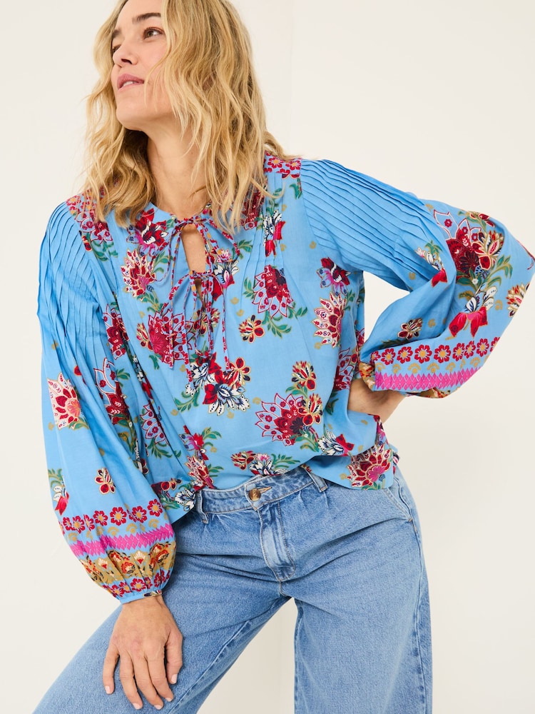FatFace Sandy Bright Blue Balinese Floral 100% Cotton Blouse - Image 6 of 8