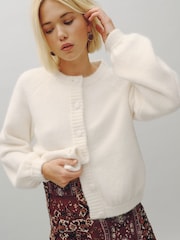 Ecru White Long Sleeve Crew Neck Bomber Cardigan - Image 4 of 7