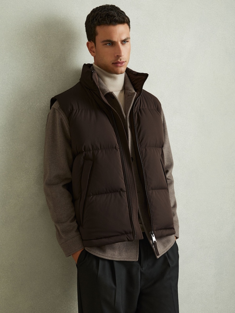 Reiss Brown Jessie Quilted-Shell Zip-Through Gilet - Image 1 of 6