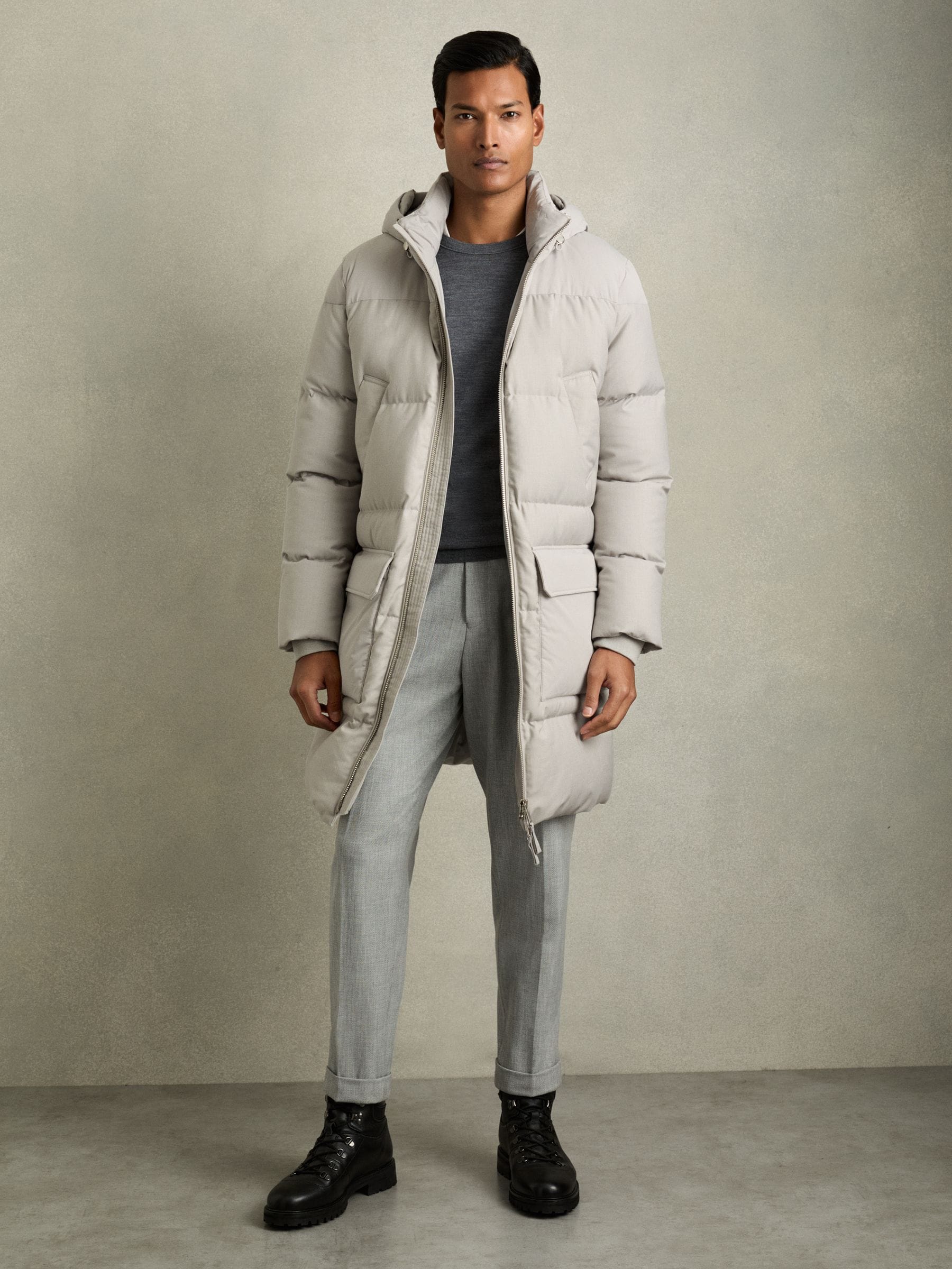 Grey longline puffer top