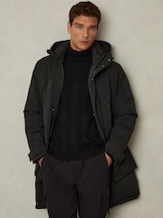Reiss Black Mission Hooded Shell Down Coat - Image 1 of 8