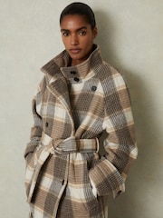 Reiss Neutral Check Piper Wool Blend Check Double Breasted Coat - Image 1 of 6