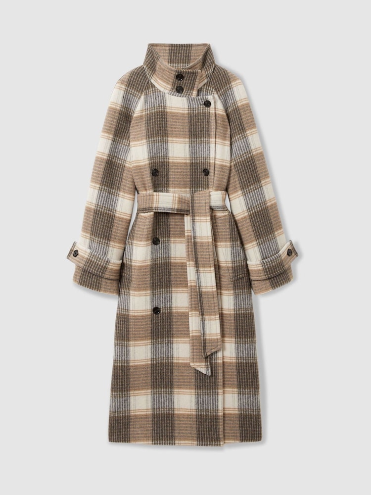 Reiss Neutral Check Piper Wool Blend Check Double Breasted Coat - Image 2 of 6