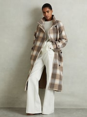 Reiss Neutral Check Piper Wool Blend Check Double Breasted Coat - Image 3 of 6