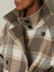 Reiss Neutral Check Piper Wool Blend Check Double Breasted Coat - Image 4 of 6