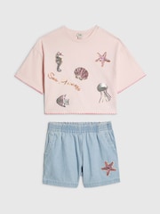 River Island Blue Sealife T-Shirt & Pull On Short Set - Image 1 of 4