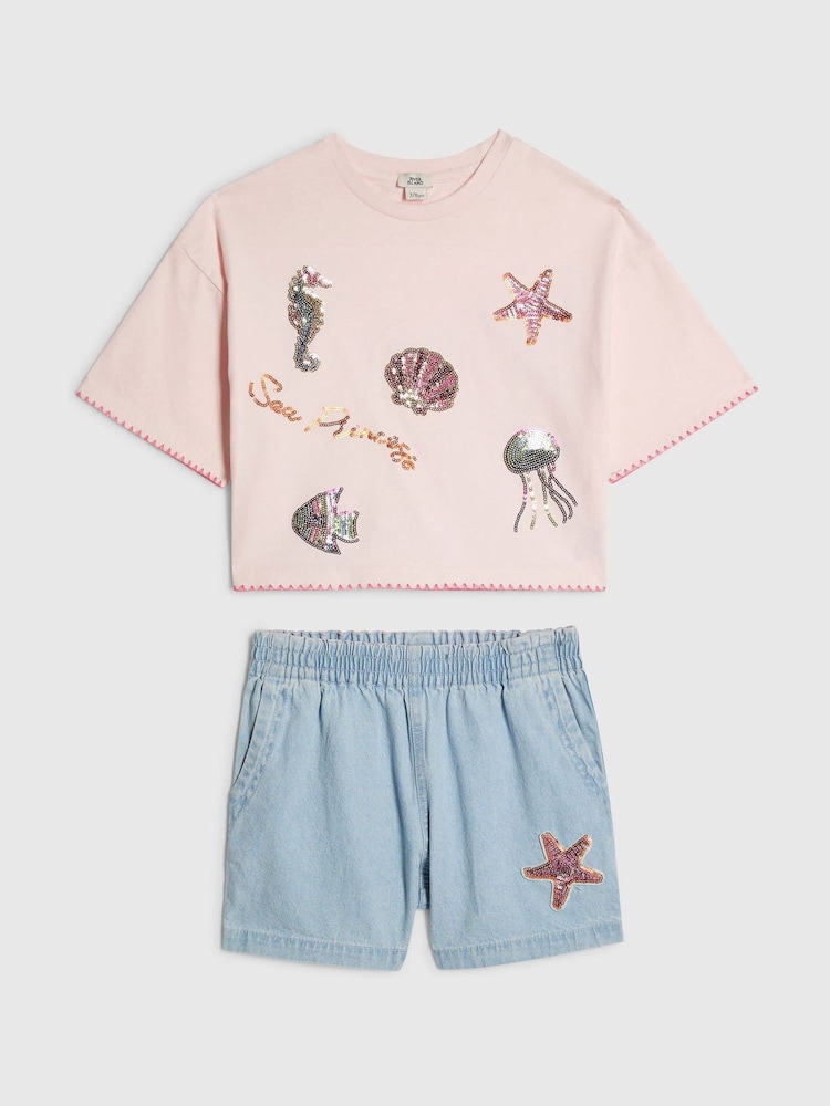 River Island Blue Sealife T-Shirt & Pull On Short Set - Image 1 of 4 River Island Blue Sealife T-Shirt & Pull On Short Set - Image 1 of 4