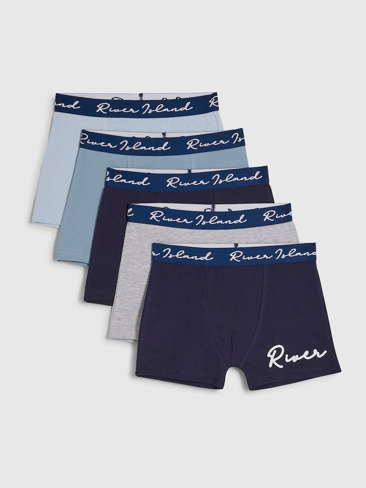 River Island Blue Script Logo 5 Pack Boxers - Image 1 of 3 River Island Blue Script Logo 5 Pack Boxers - Image 1 of 3
