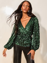 Lipsy Green Sequin Wrap Top - Image 1 of 4