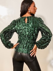 Lipsy Green Sequin Wrap Top - Image 2 of 4