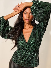 Lipsy Green Sequin Wrap Top - Image 4 of 4