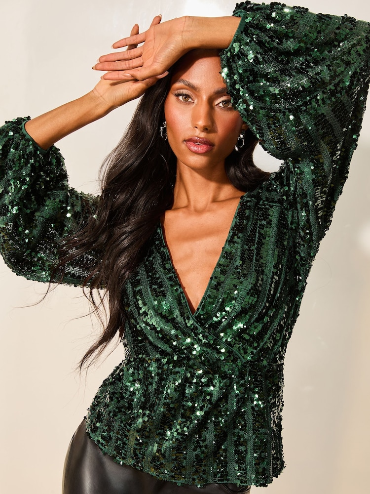 Lipsy Green Sequin Wrap Top - Image 4 of 4