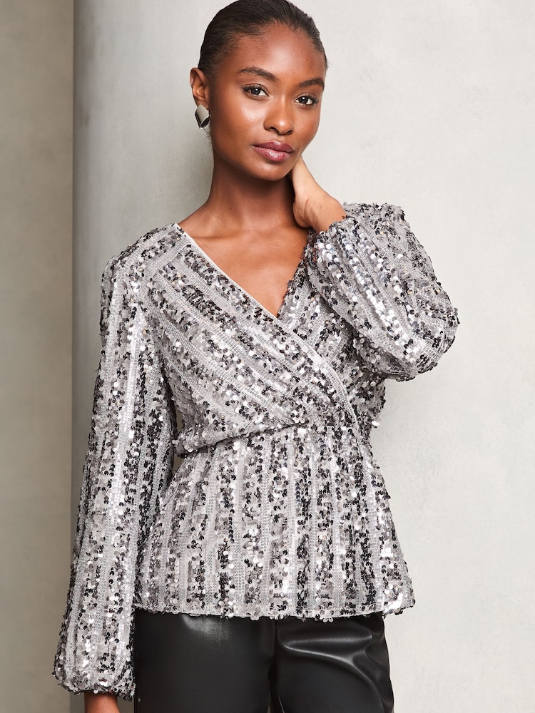 Lipsy Silver Sequin Wrap Top - Image 1 of 4