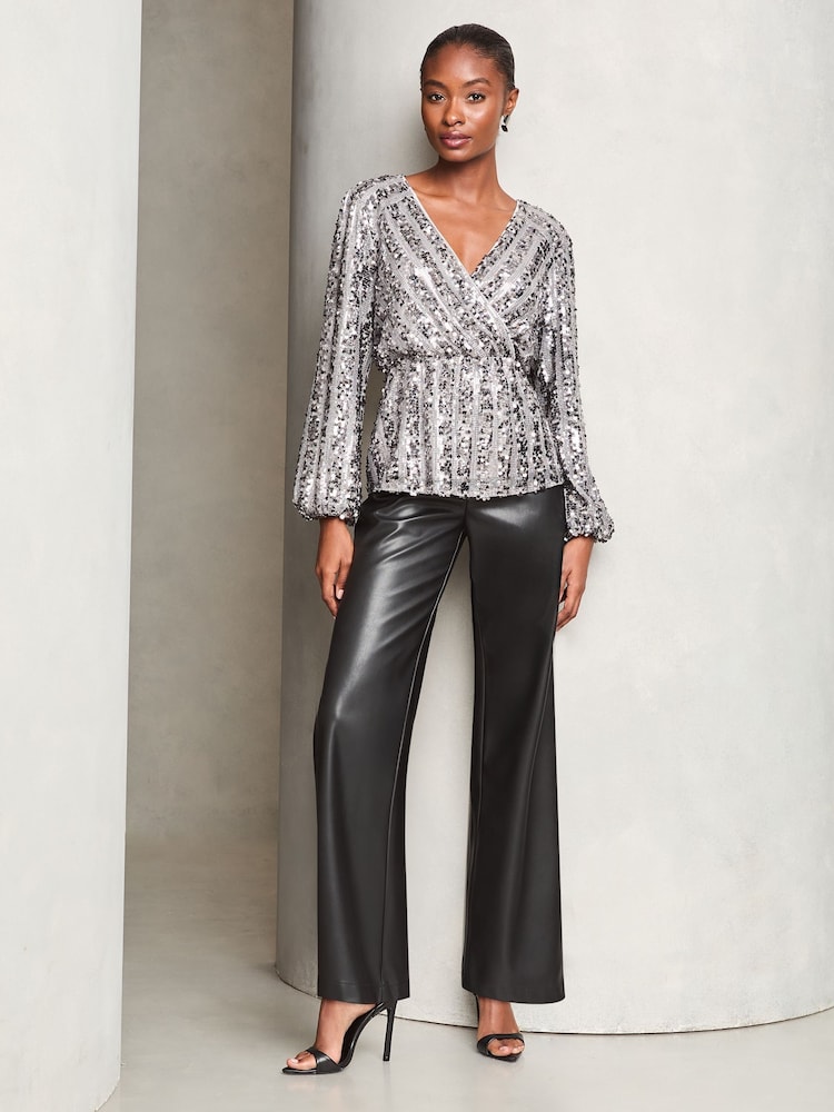 Lipsy Silver Sequin Wrap Top - Image 2 of 4