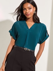 Lipsy Teal Blue Utility V Neck Short Roll Sleeve Top - Image 1 of 4