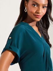 Lipsy Teal Blue Utility V Neck Short Roll Sleeve Top - Image 2 of 4