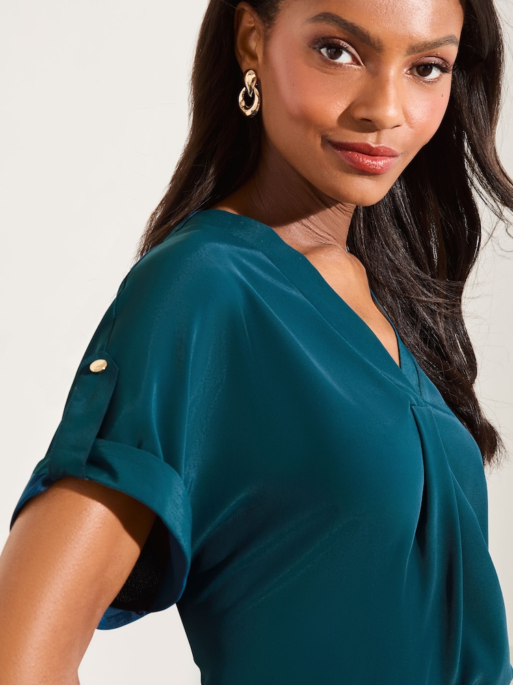Lipsy Teal Blue Utility V Neck Short Roll Sleeve Top - Image 2 of 4 Lipsy Teal Blue Utility V Neck Short Roll Sleeve Top - Image 2 of 4