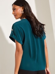 Lipsy Teal Blue Utility V Neck Short Roll Sleeve Top - Image 4 of 4