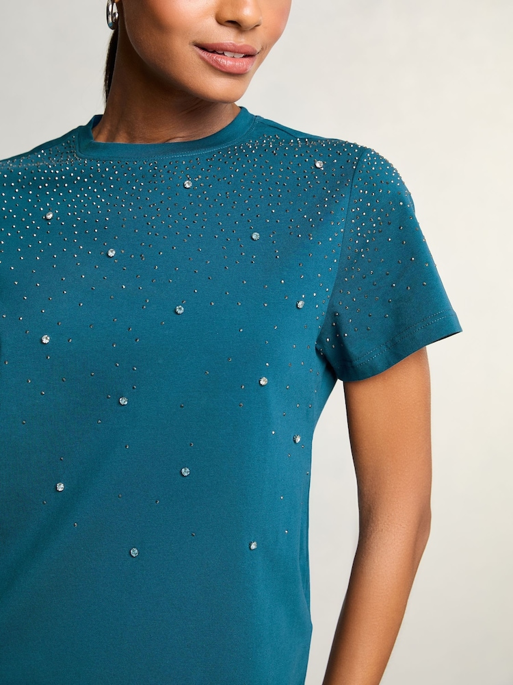 Lipsy Teal Blue Hotfix Embellished T-Shirt - Image 1 of 4