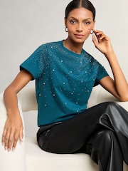 Lipsy Teal Blue Hotfix Embellished T-Shirt - Image 2 of 4