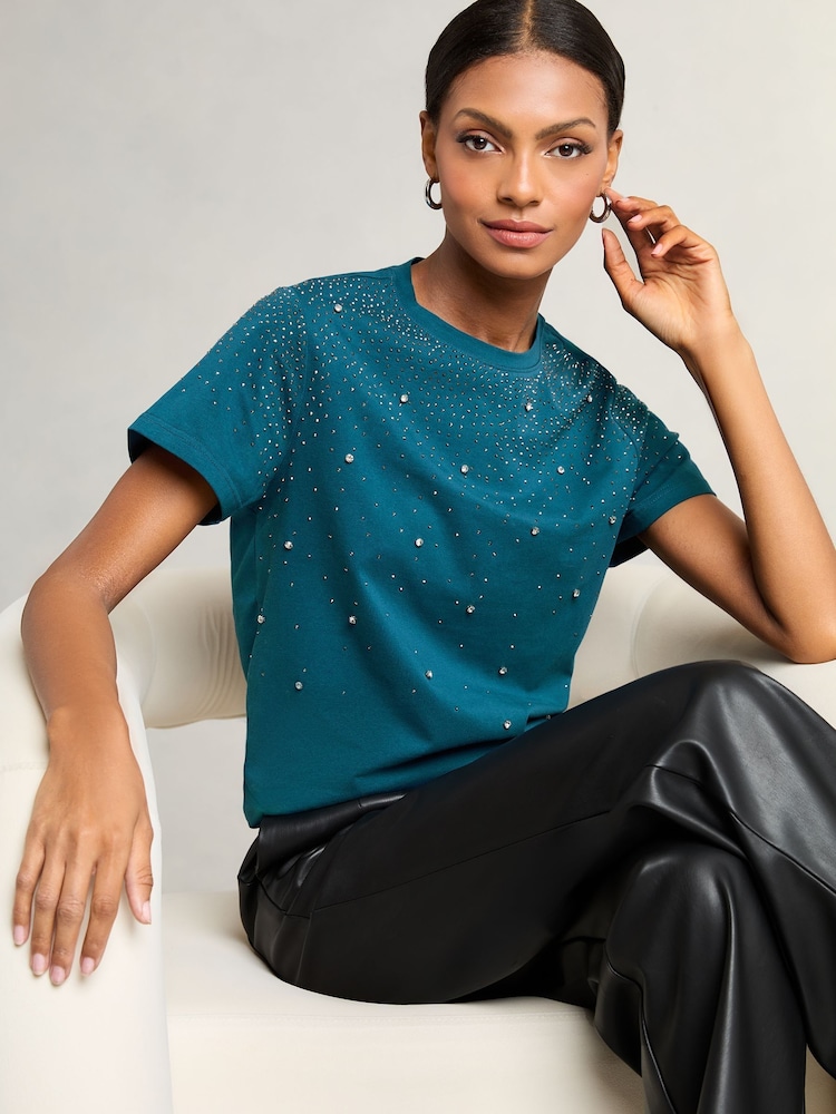 Lipsy Teal Blue Hotfix Embellished T-Shirt - Image 2 of 4