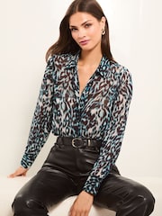 Lipsy Blue Animal Chiffon Long Sleeve Button Through Blouse - Image 1 of 4