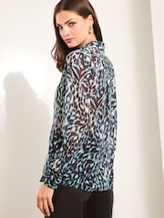 Lipsy Blue Animal Chiffon Long Sleeve Button Through Blouse - Image 4 of 4