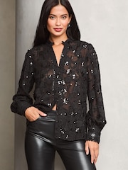 Lipsy Black Sequin Long Sleeve Grandad Collar Blouse - Image 1 of 4