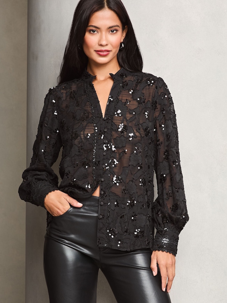 Lipsy Black Sequin Long Sleeve Grandad Collar Blouse - Image 1 of 4