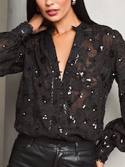 Lipsy Black Sequin Long Sleeve Grandad Collar Blouse - Image 2 of 4