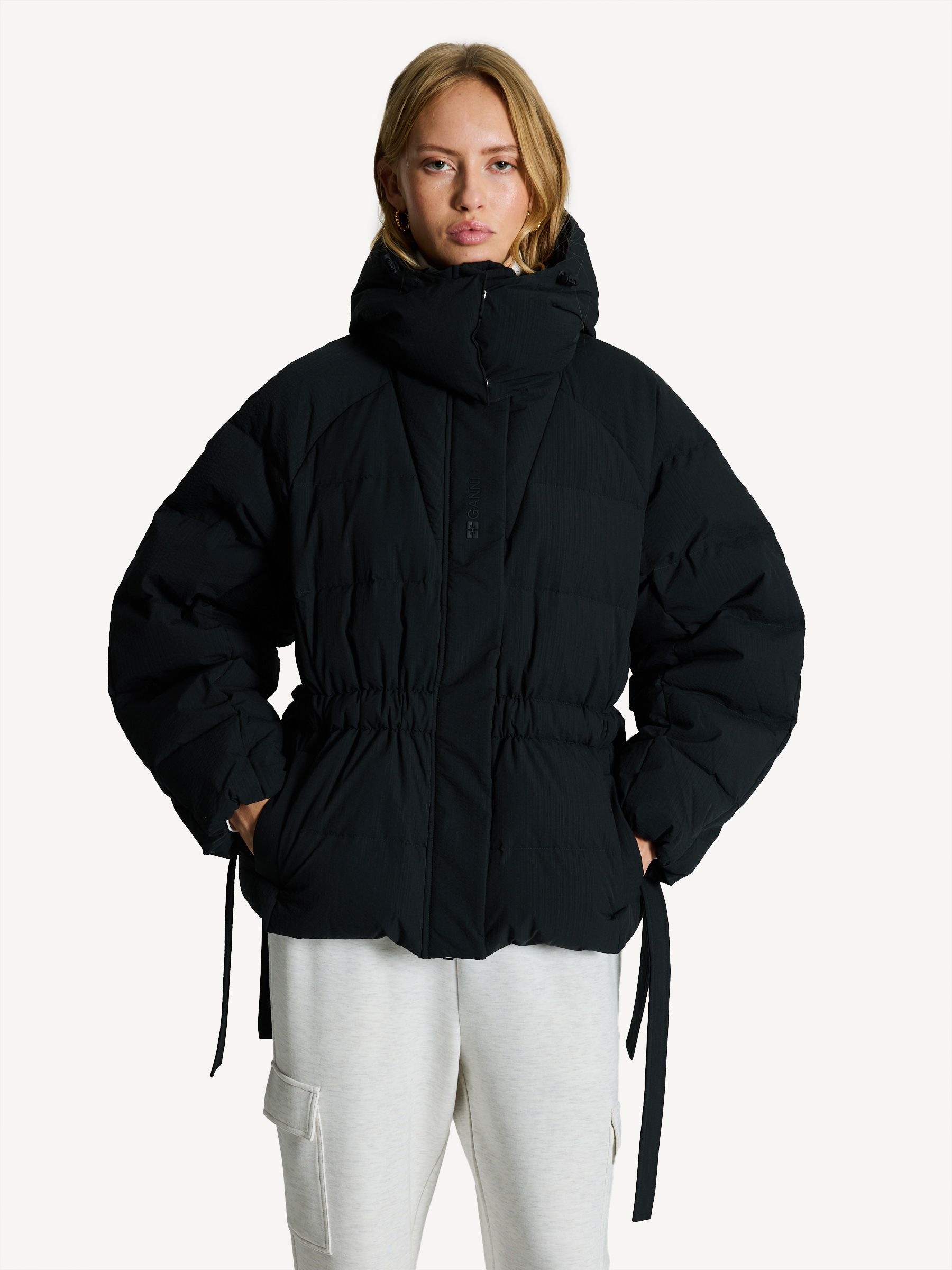 GANNI Black Oversized Tech Seersucker Puffer Jacket | Seasons