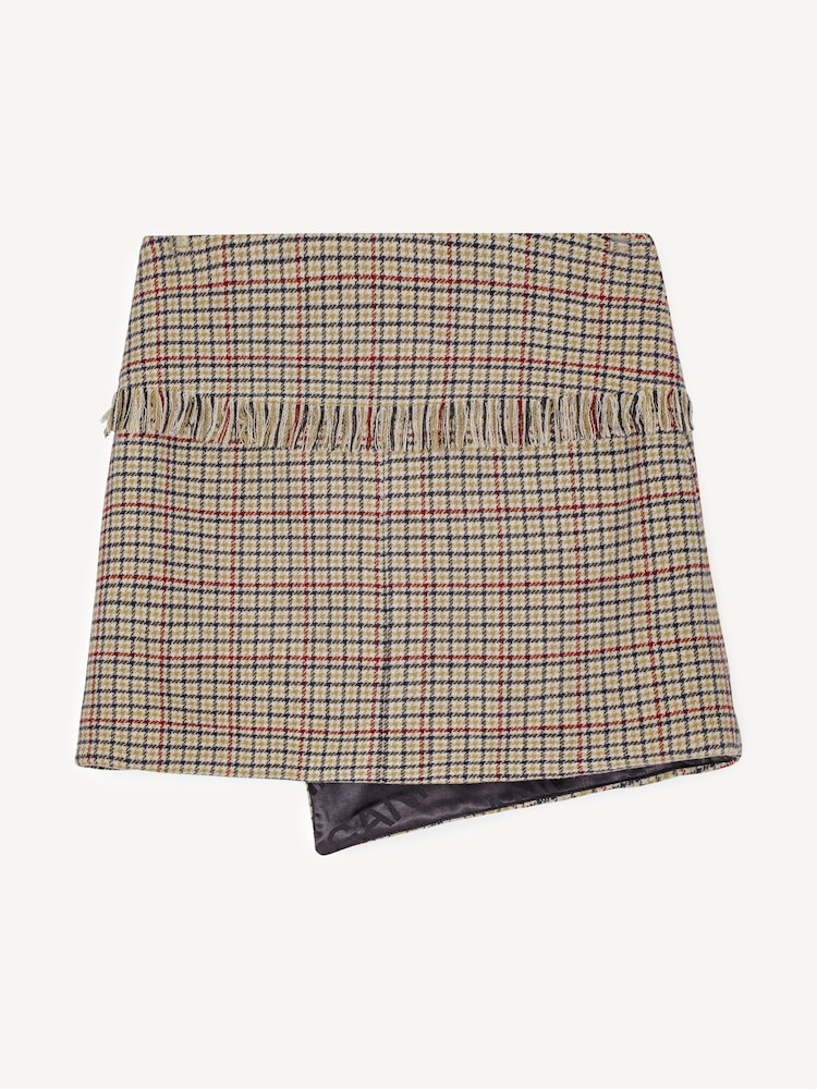 GANNI Brown Check Wool Mix Wrap Mini Skirt - Image 7 of 7