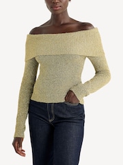 GANNI Gold Sparkle Off Shoulder Knit Top - Image 1 of 5