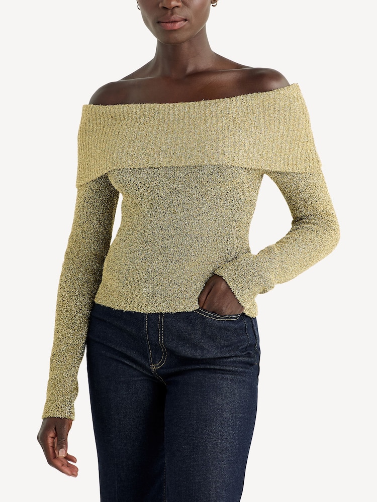GANNI Gold Sparkle Off Shoulder Knit Top - Image 1 of 5