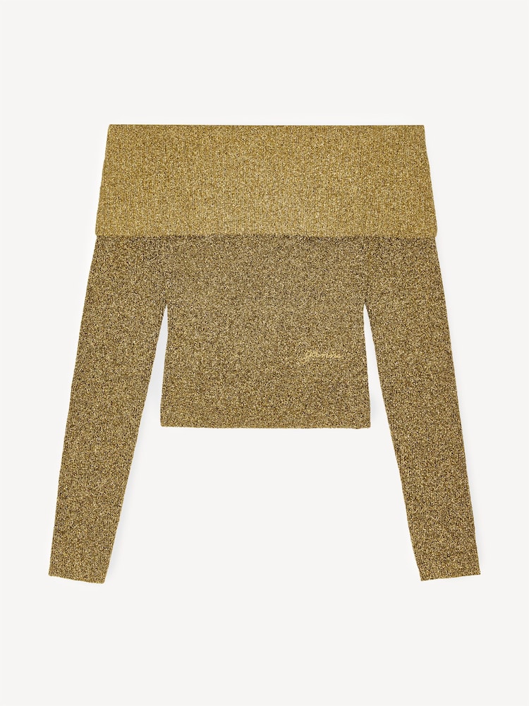 GANNI Gold Sparkle Off Shoulder Knit Top - Image 5 of 5