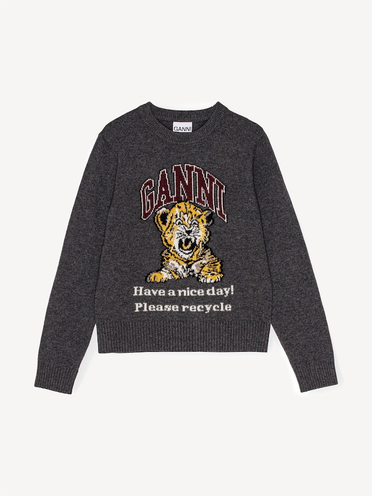 GANNI Grey Tiger Graphic Wool Crewneck Jumper - Image 5 of 5