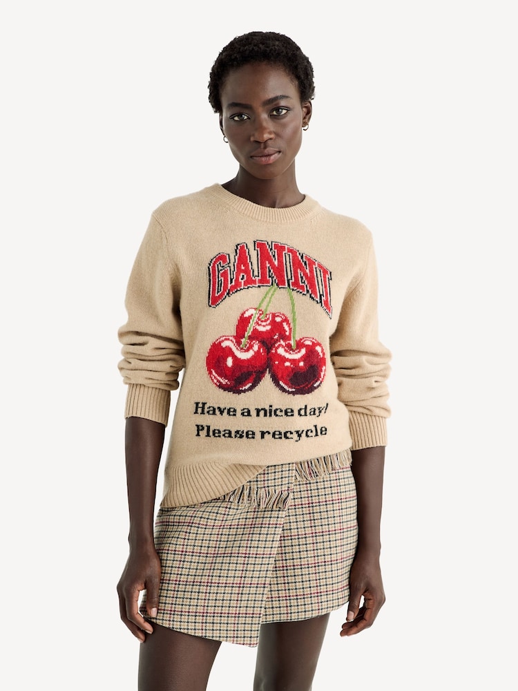 GANNI Brown Cherry Wool Crew Neck Jumper - Image 1 of 5