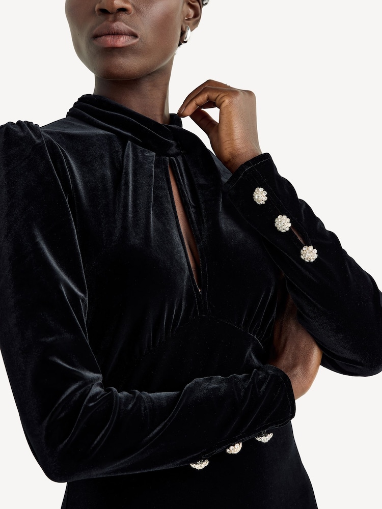 ganni black velvet dress Black Velvet Jersey Puff Sleeve Maxi Dress